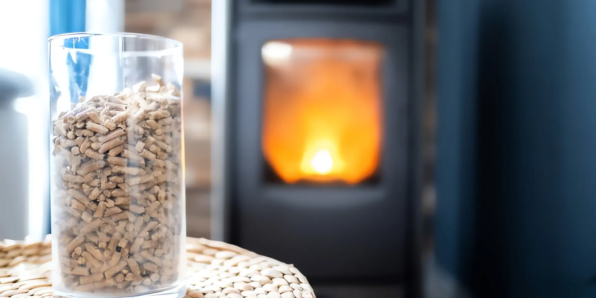 Pelletheizung Kosten: Glas mit Holzpellets vor Kamin