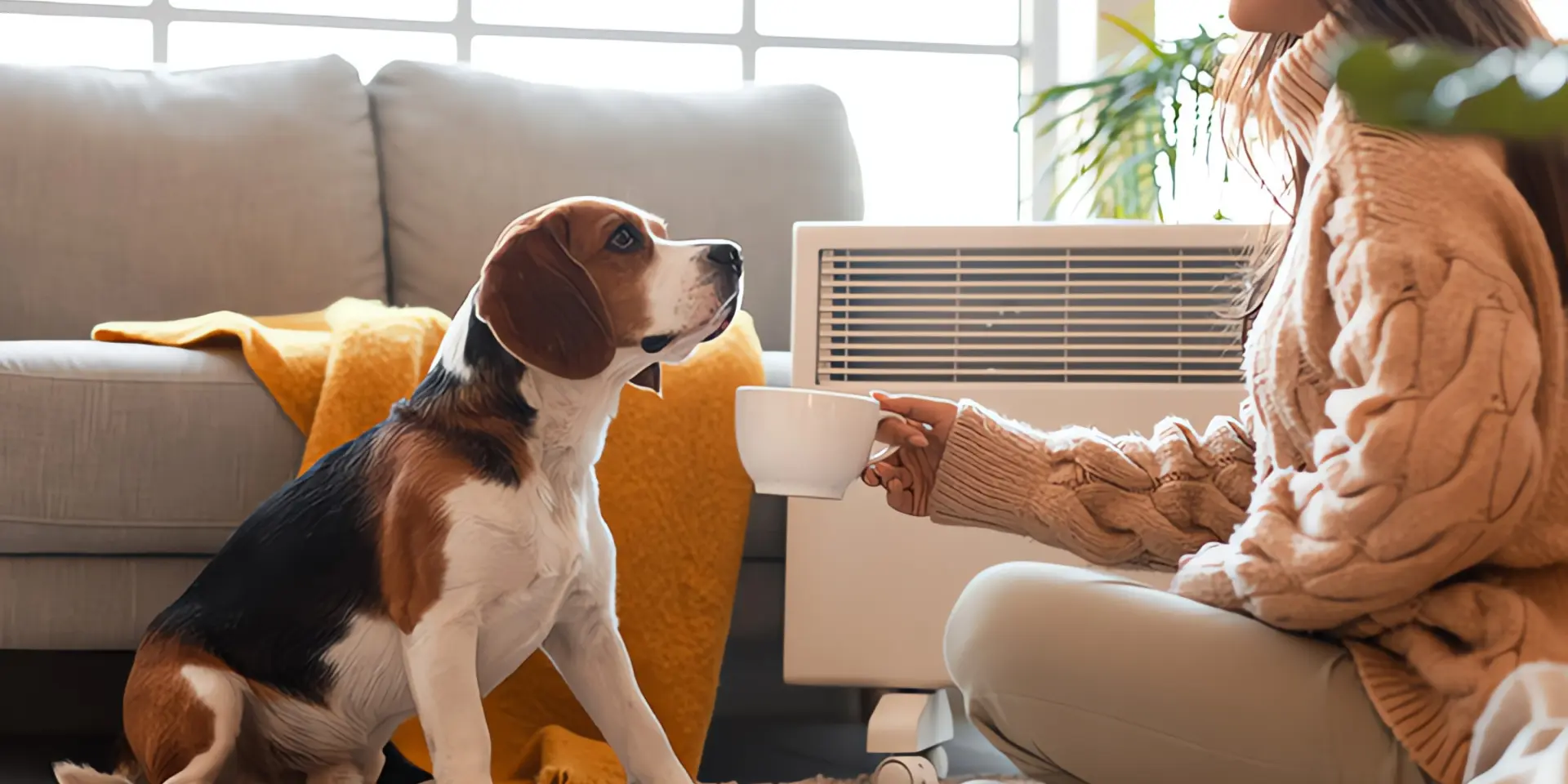 Radiator: Frau sitzt mit Hund vor mobiler Radiatorheizung