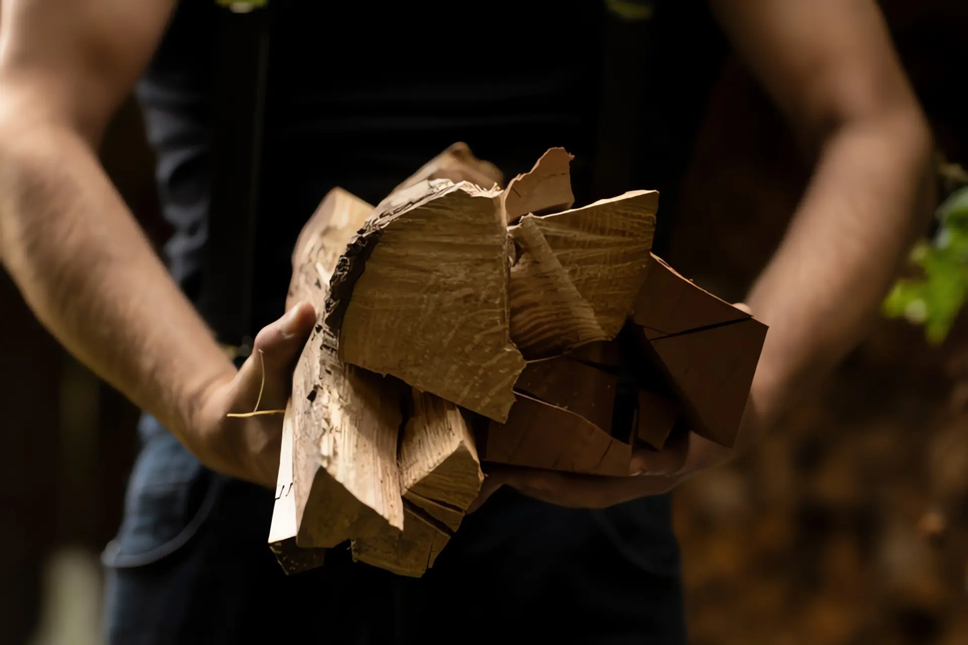 Scheitholzheizung: Person mit Holzscheiten