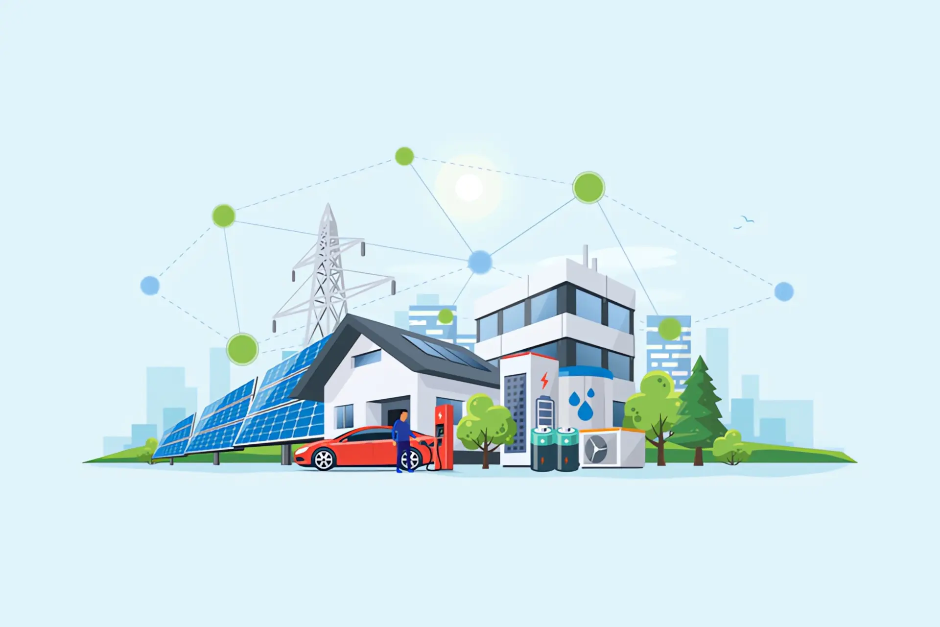 Smart Grid Wärmepumpe: Illustration stellt die Smart Grid-Verbindung von einem Haus mit der Stadt und der Energieversorgung dar. 