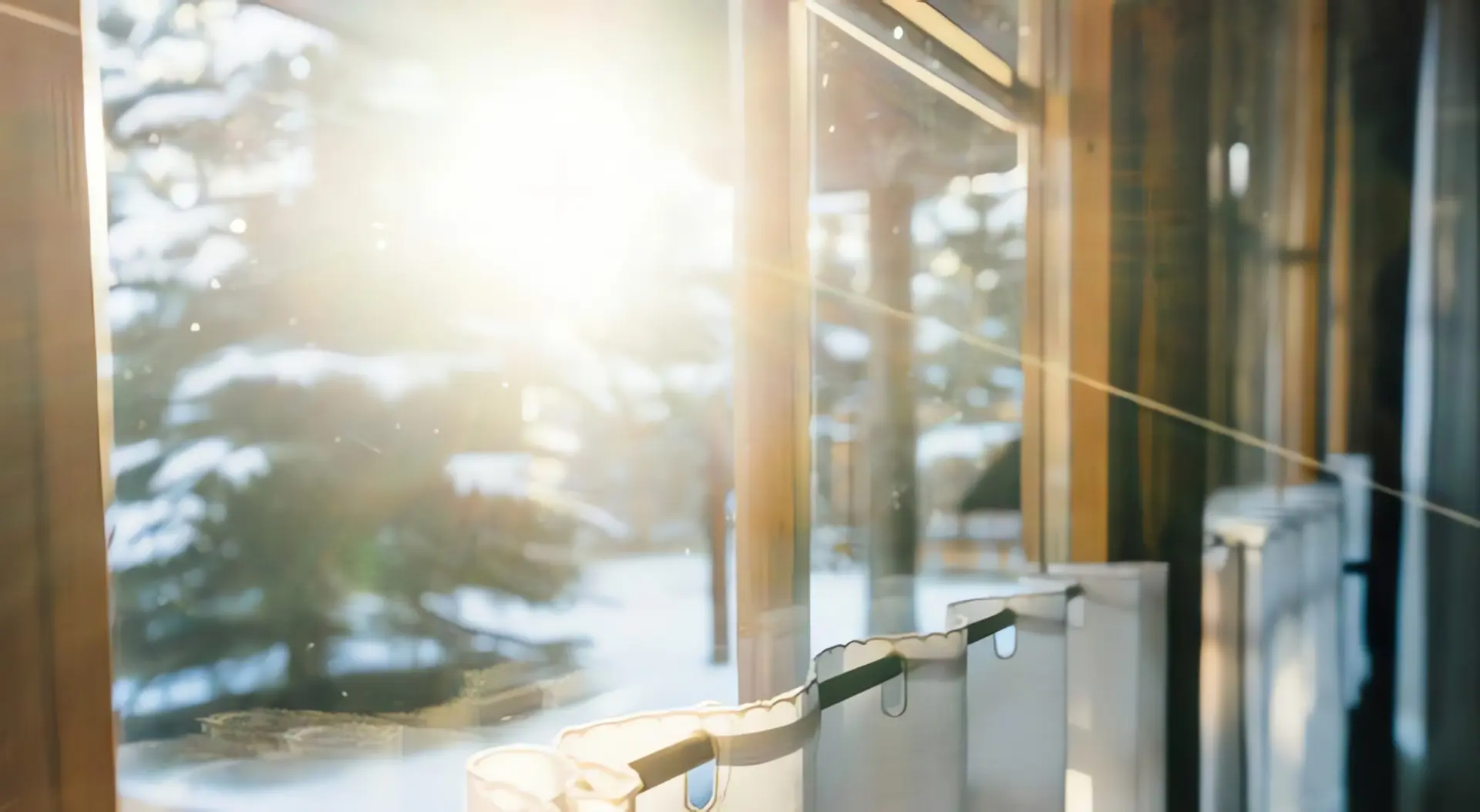 Solarthermie Winter: Blick aus dem Fenster im Winter, Sonnenschein