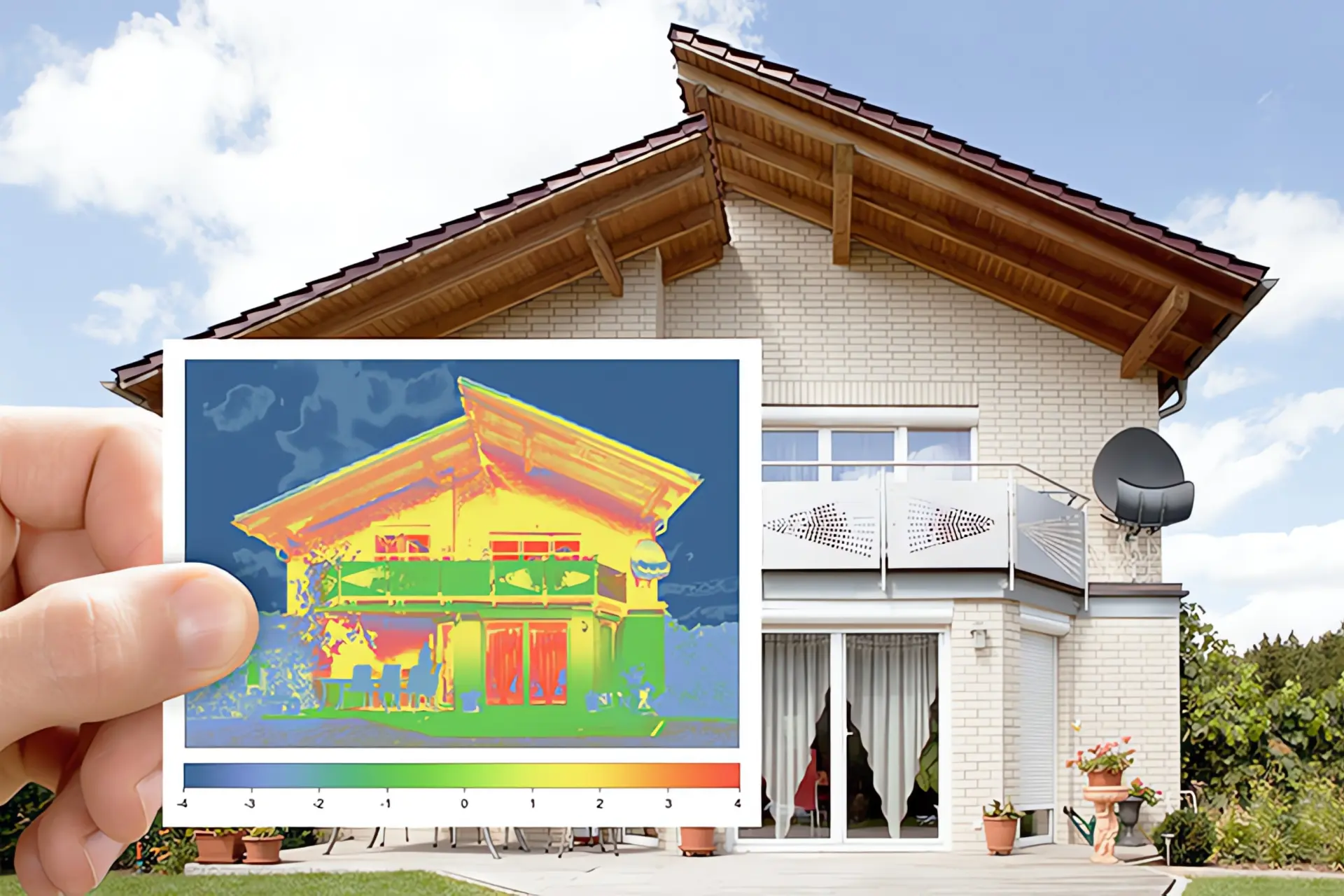 Thermografie Haus: Wärmebildkamera mit Haus im Hintergrund