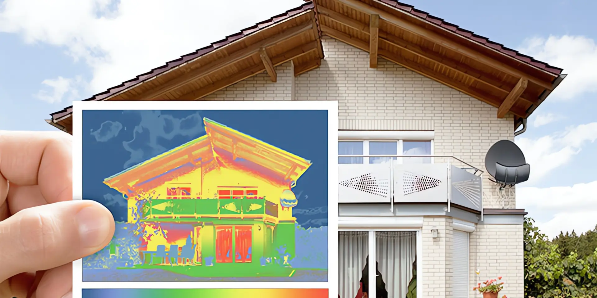 Thermografie Haus: Wärmebildkamera mit Haus im Hintergrund