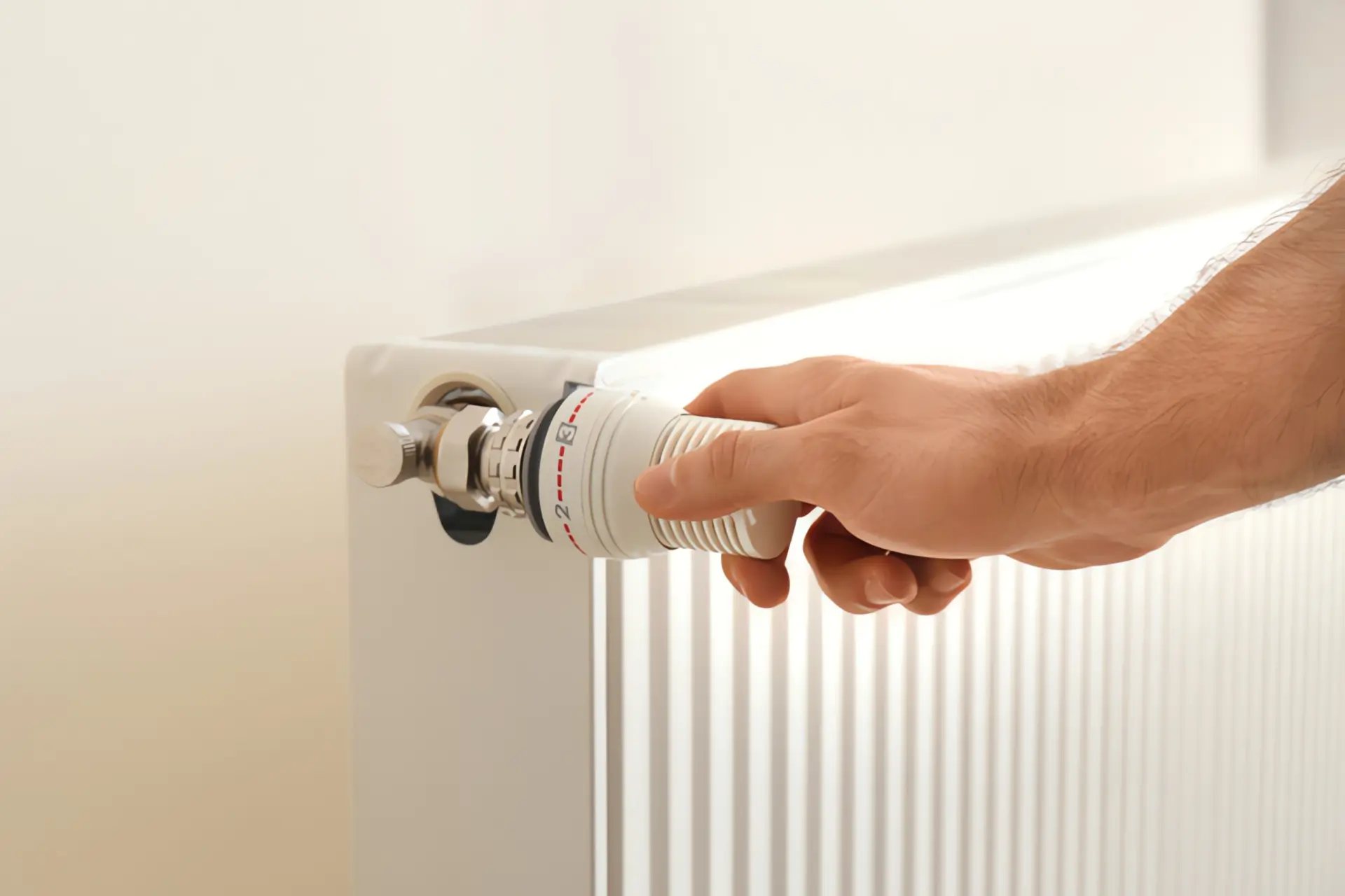 Thermostat Heizung defekt: Hand dreht an Heizungsthermostat