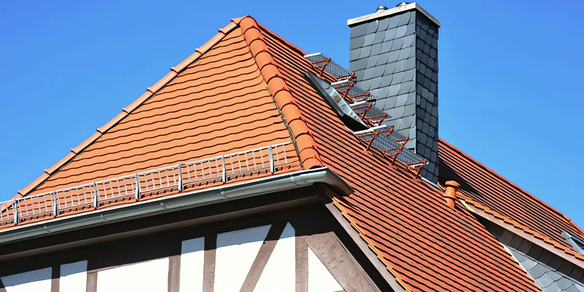 Wärmepumpe Altbau: Dach mit Schornstein eines Fachwerkhauses