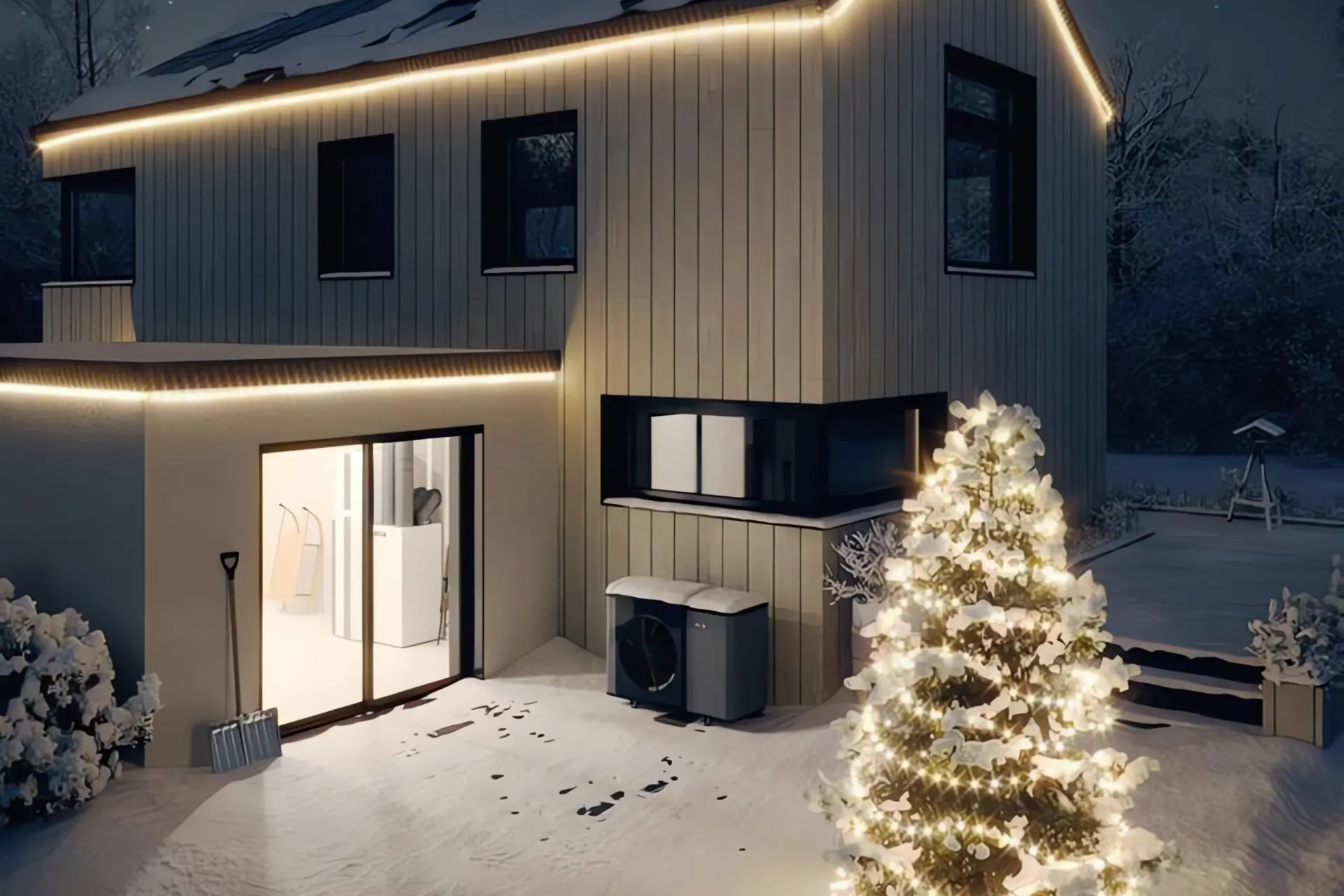 Wärmepumpe im Winter: Einfamilienhaus weihnachtlich geschmückt