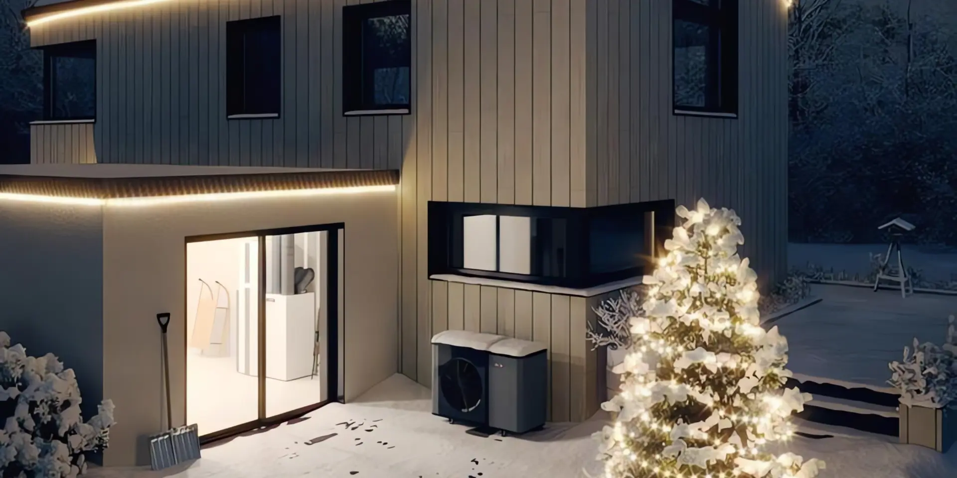 Wärmepumpe im Winter: Einfamilienhaus weihnachtlich geschmückt