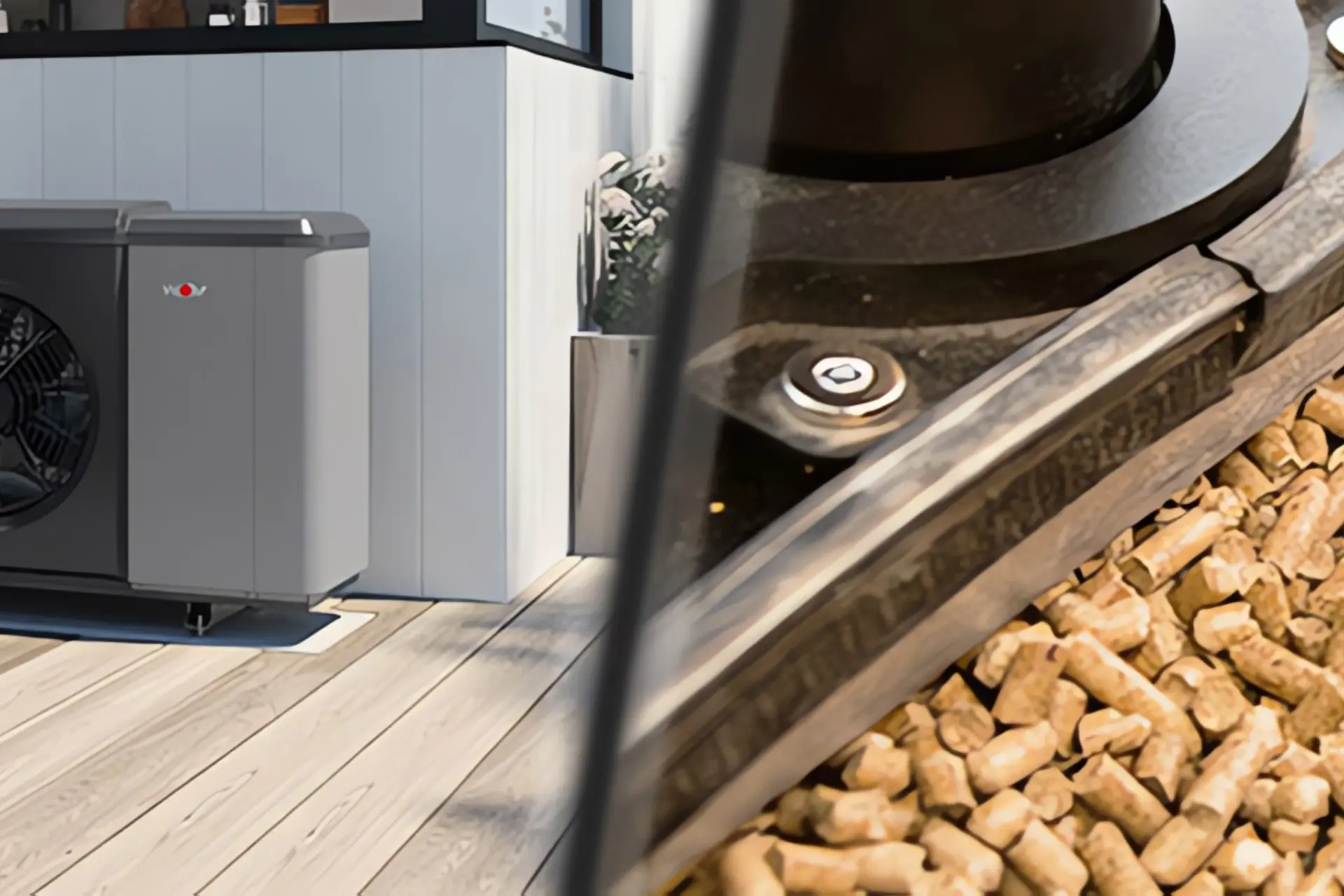 Wärmepumpe oder Pelletheizung: WOLF CHA Monoblock-Wärmepumpe auf Terrasse im Vergleich mit Pellets