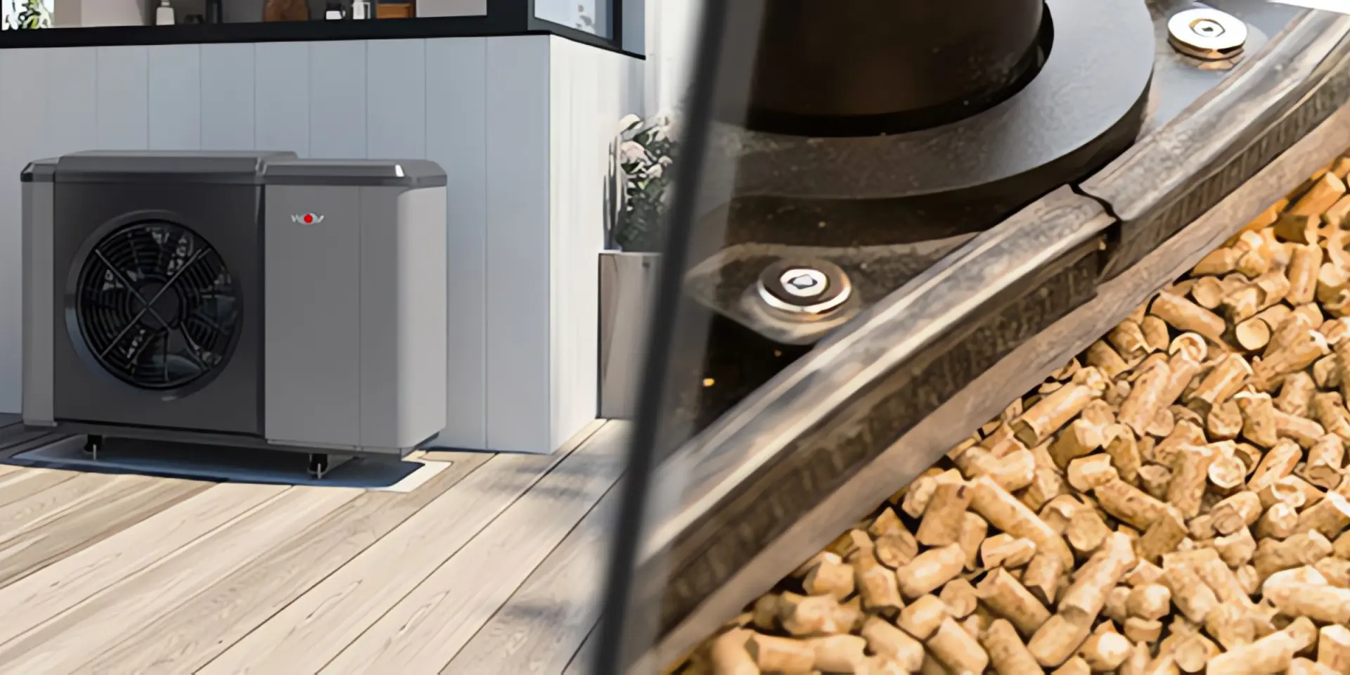 Wärmepumpe oder Pelletheizung: WOLF CHA Monoblock-Wärmepumpe auf Terrasse im Vergleich mit Pellets