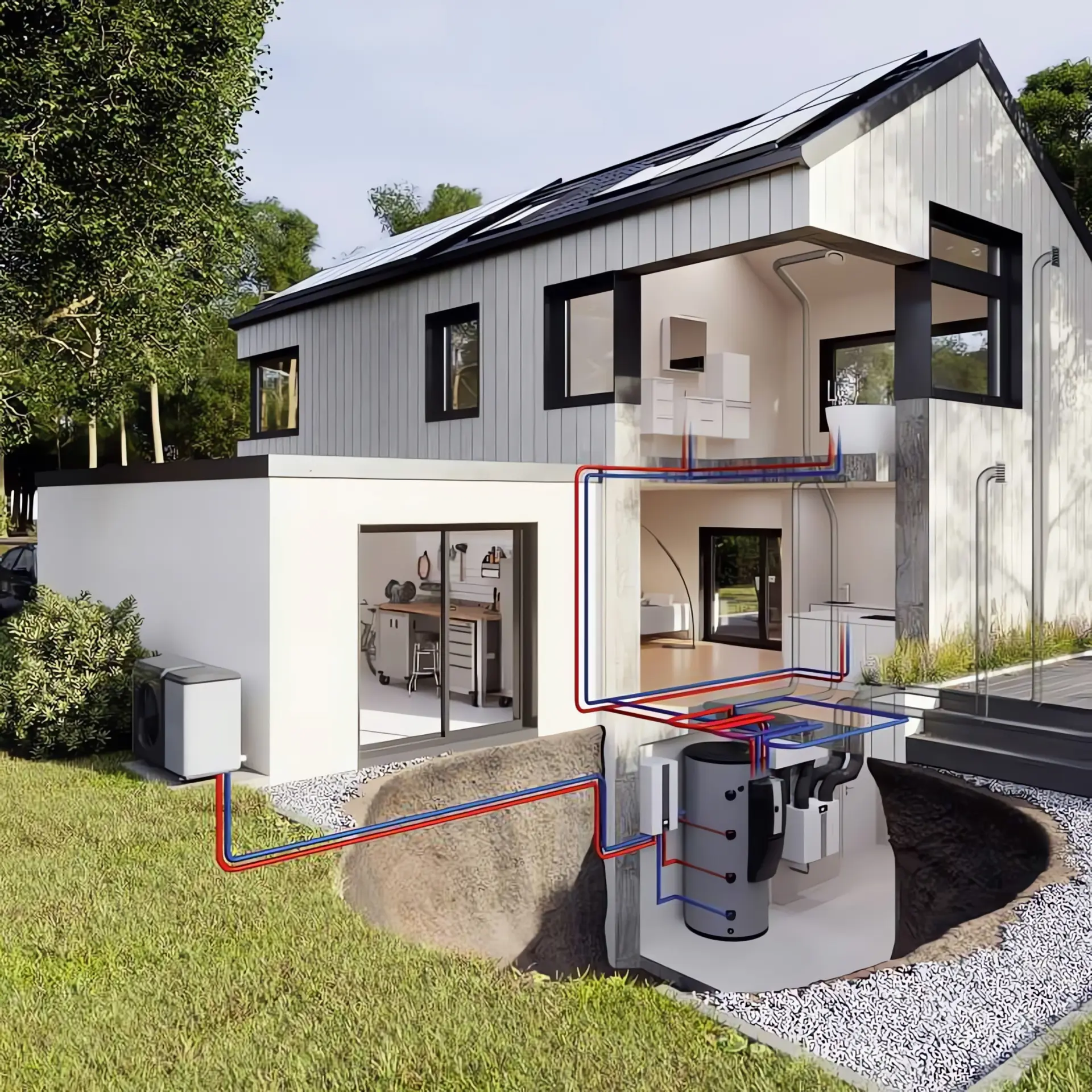 Wärmepumpe Pufferspeicher: Haus mit visualisiertem Pufferspeicher