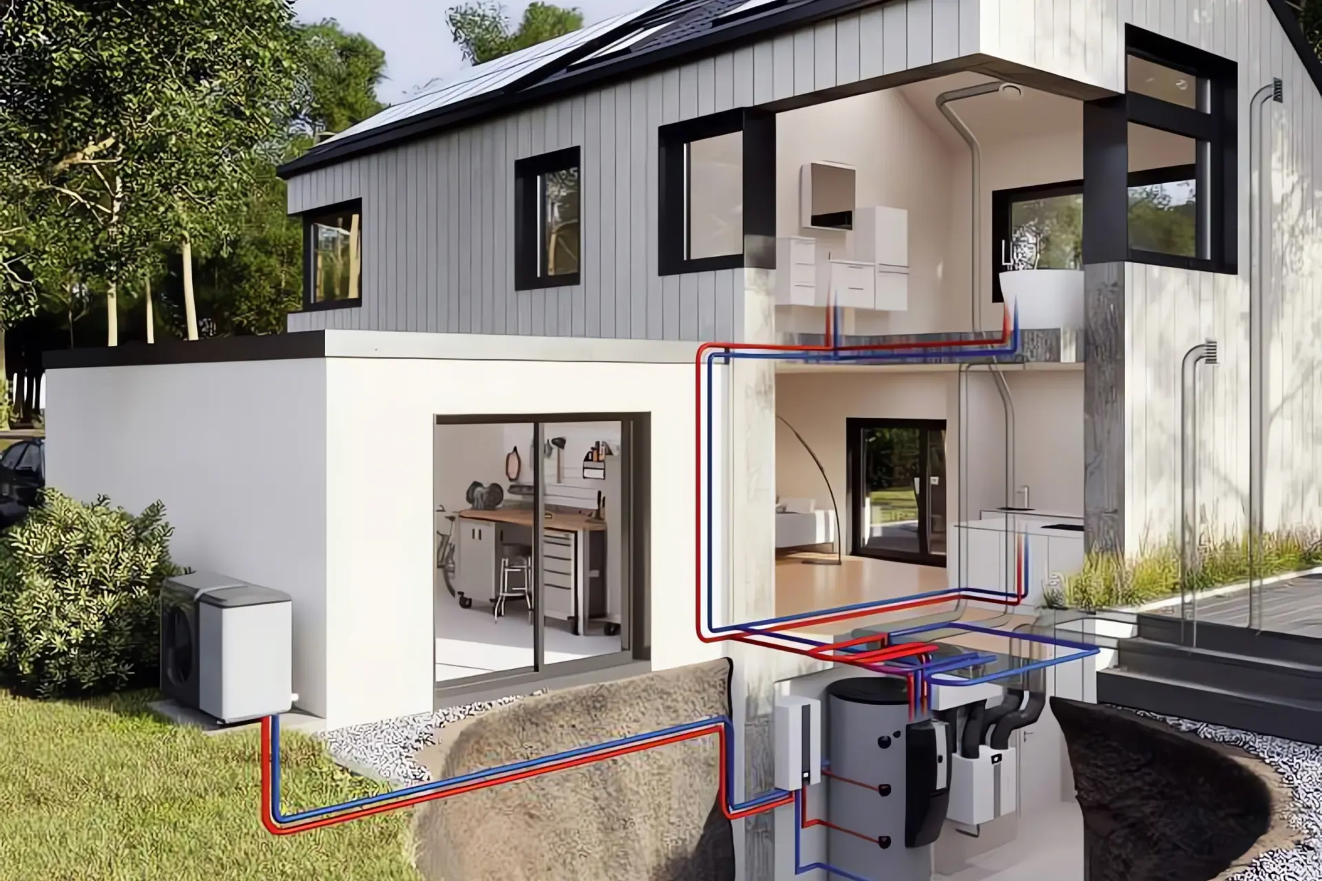 Wärmepumpe Pufferspeicher: Haus mit visualisiertem Pufferspeicher