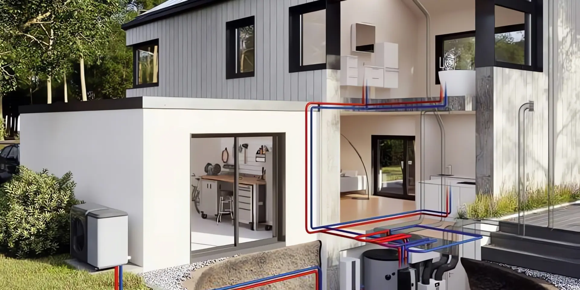 Wärmepumpe Pufferspeicher: Haus mit visualisiertem Pufferspeicher