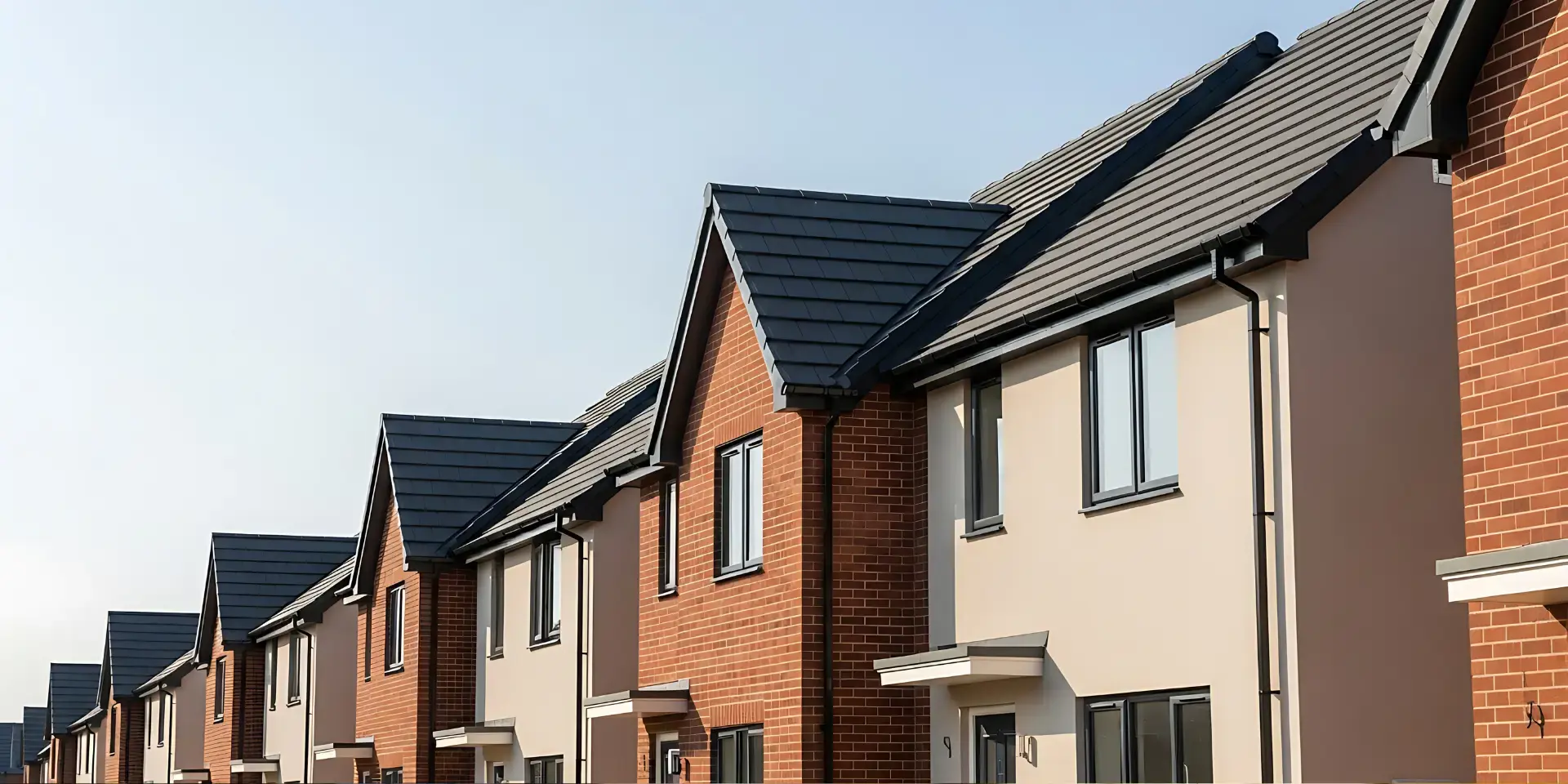 Wärmepumpe Reihenhaus: Effizient heizen auf kleinerem Raum Wärmepumpe Reihenhaus: Front von mehreren Reihenhäusern