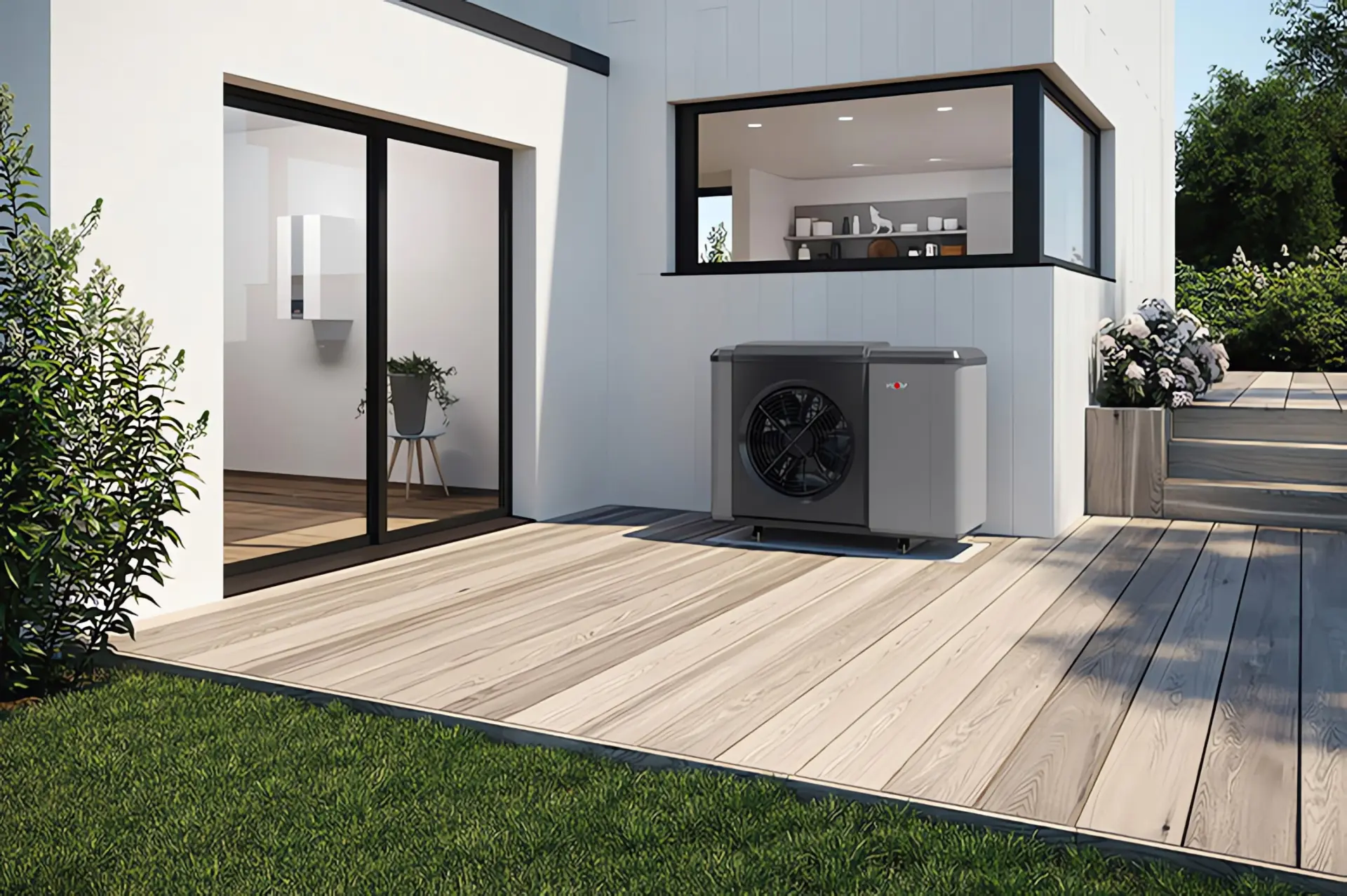 Heizen mit Wärmepumpe: WOLF CHA Monoblock Luft/Wasser-Wärmepumpe auf Terrasse hinter modernem Einfamilienhaus