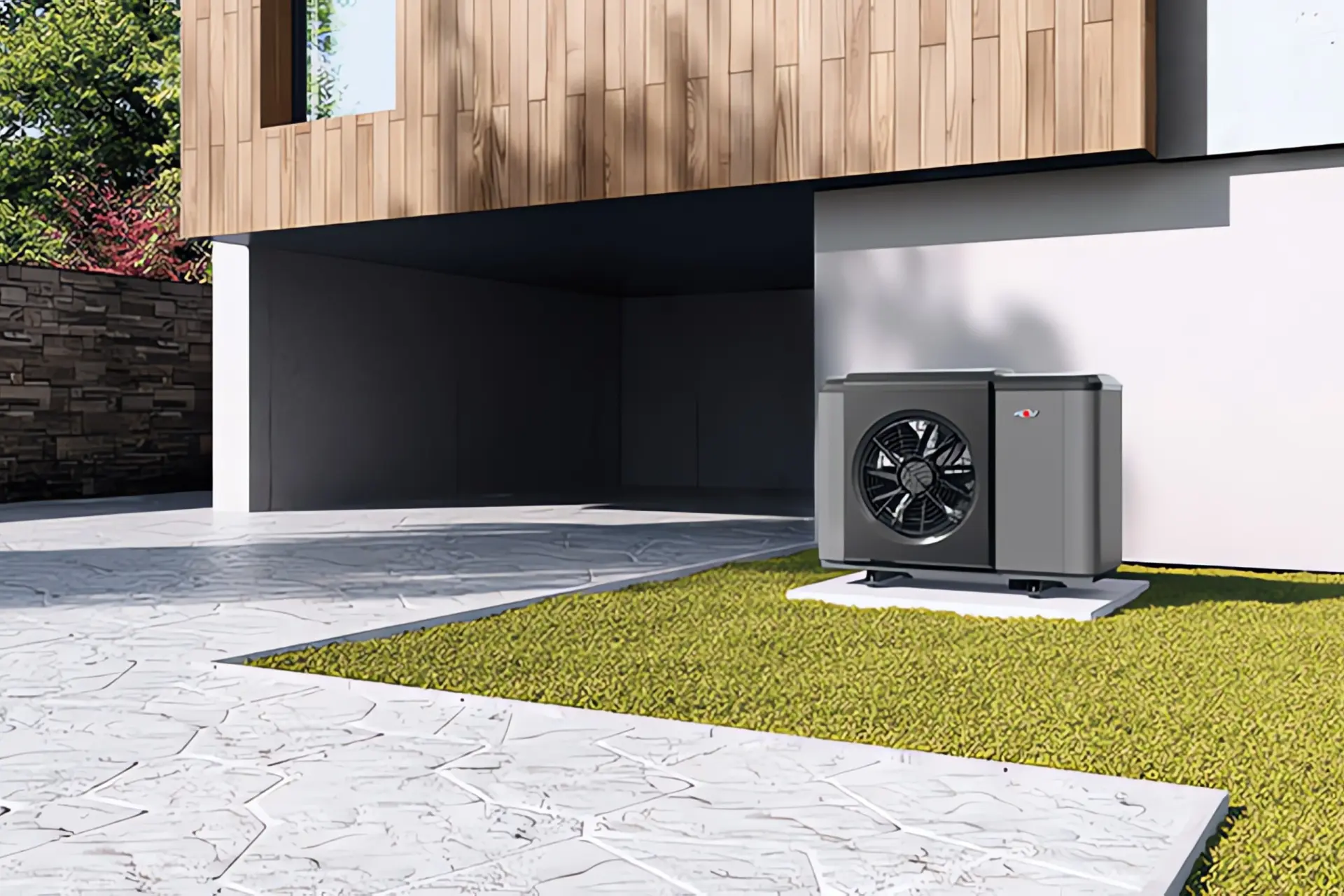 Wartung Wärmepumpe: WOLF CHA Monoblock Luft/Wasser-Wärmepumpe hinter modernem Haus
