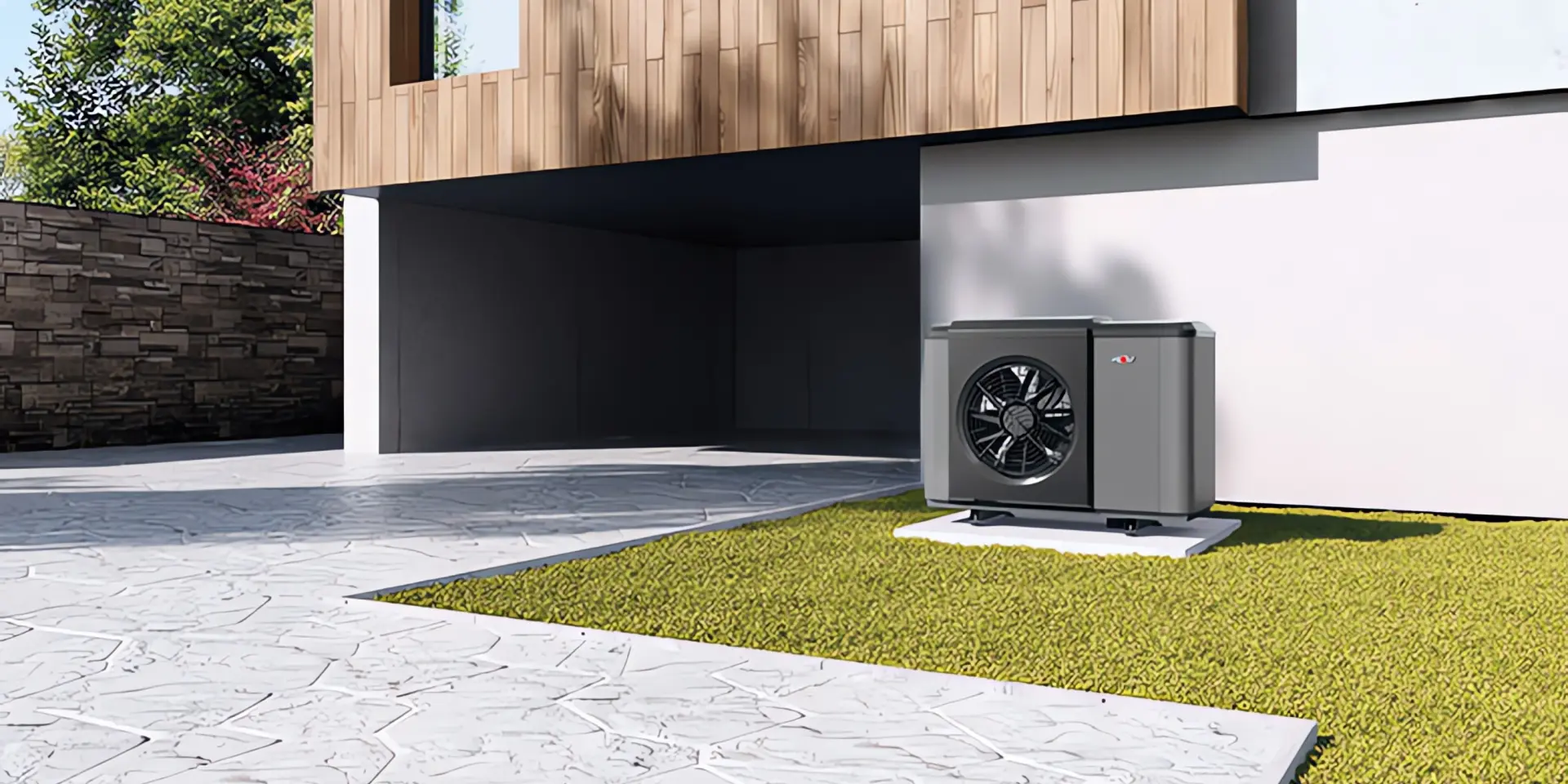 Wartung Wärmepumpe: WOLF CHA Monoblock Luft/Wasser-Wärmepumpe hinter modernem Haus