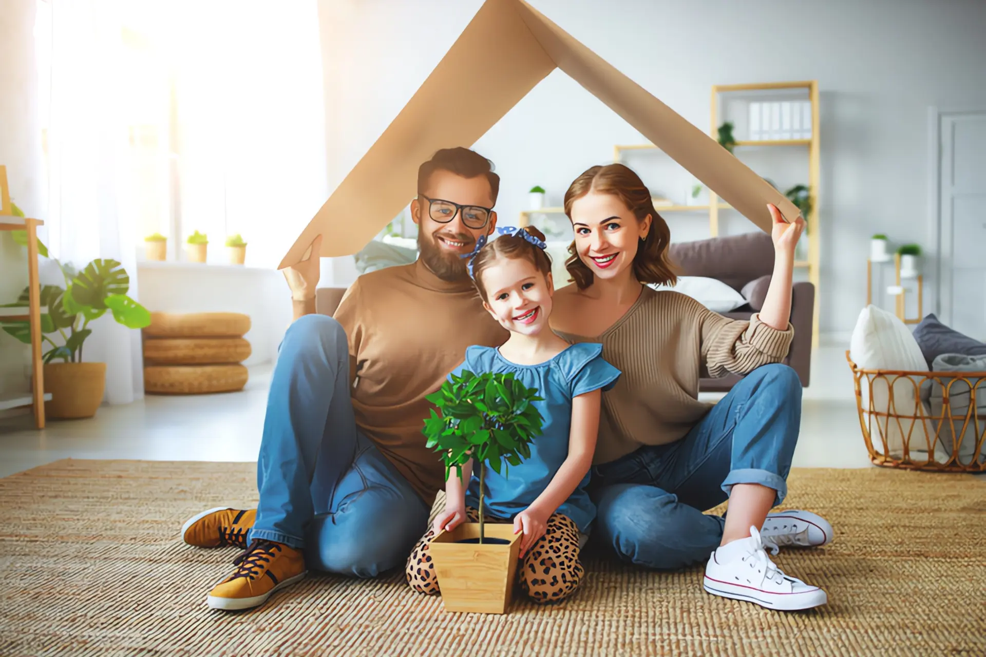 Wärmetauscher Wärmepumpe: Familie sitzt mit kleinem Dach und grünem Baum im Wohnzimmer
