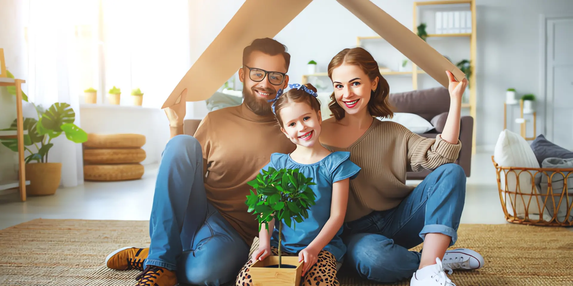 Wärmetauscher Wärmepumpe: Familie sitzt mit kleinem Dach und grünem Baum im Wohnzimmer