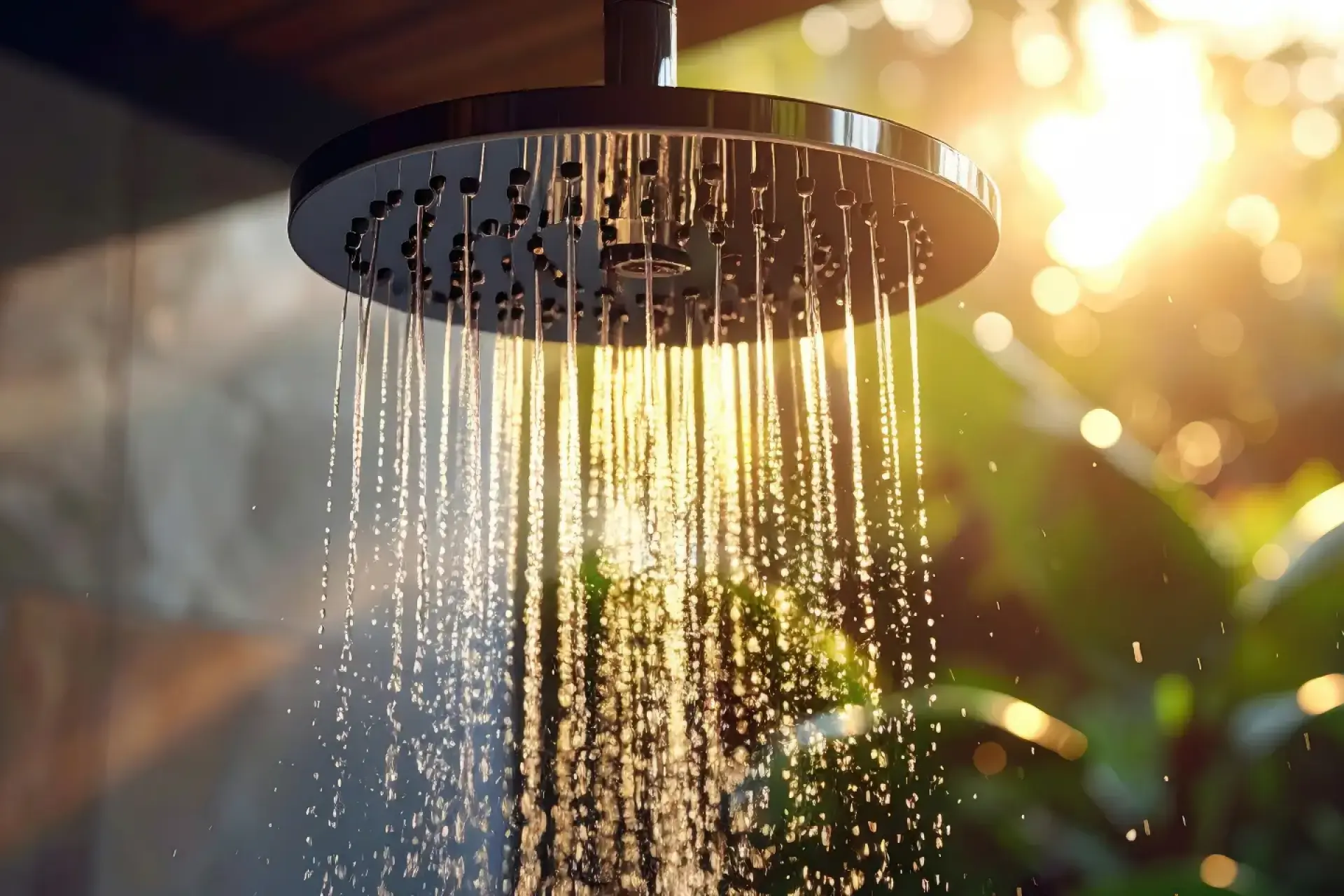 Warmwasser im Sommer ohne Heizung: Wasser fließt aus einem Duschkopf, mit Sonne im Hintergrund