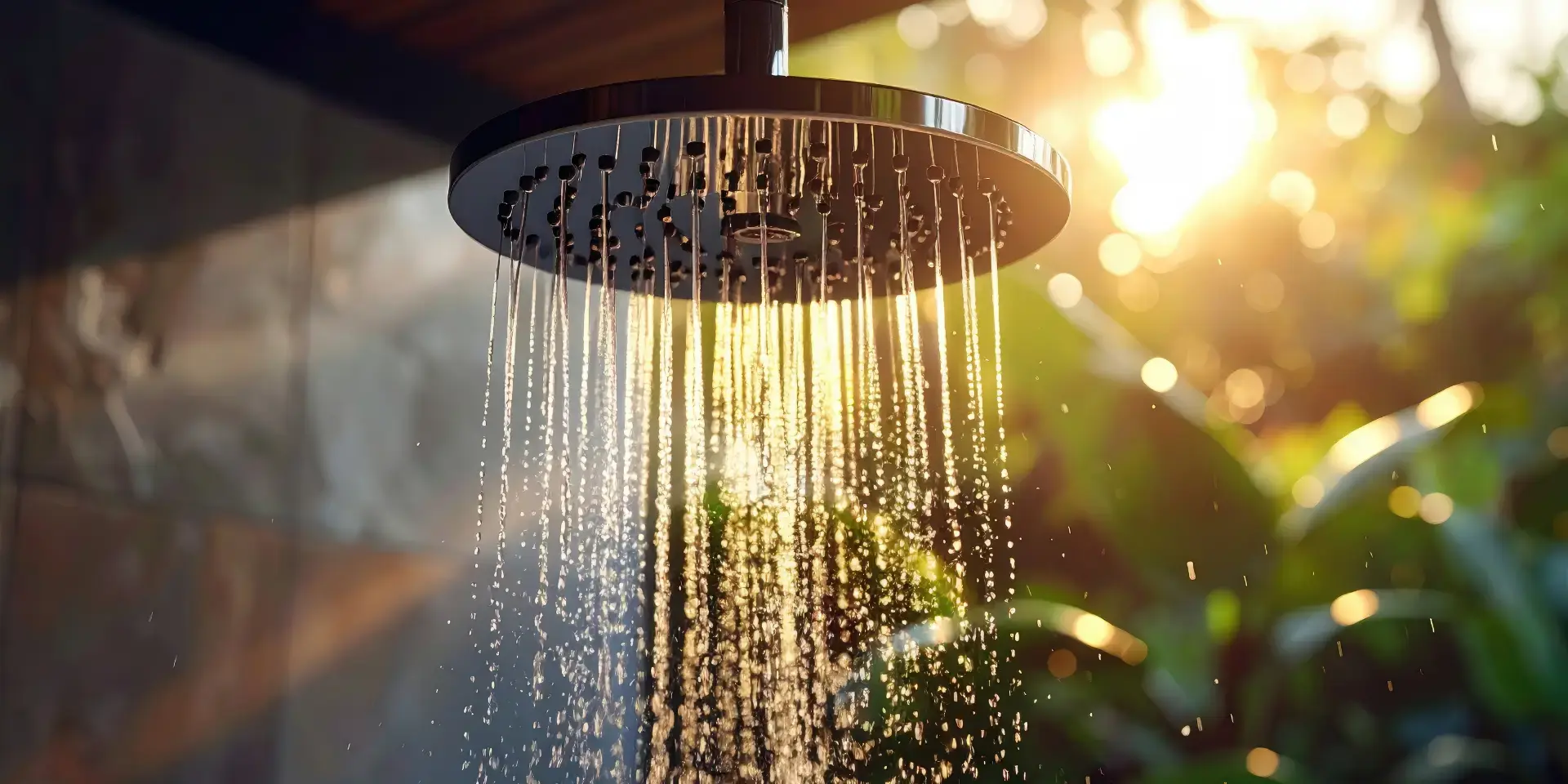 Warmwasser im Sommer ohne Heizung: Wasser fließt aus einem Duschkopf, mit Sonne im Hintergrund