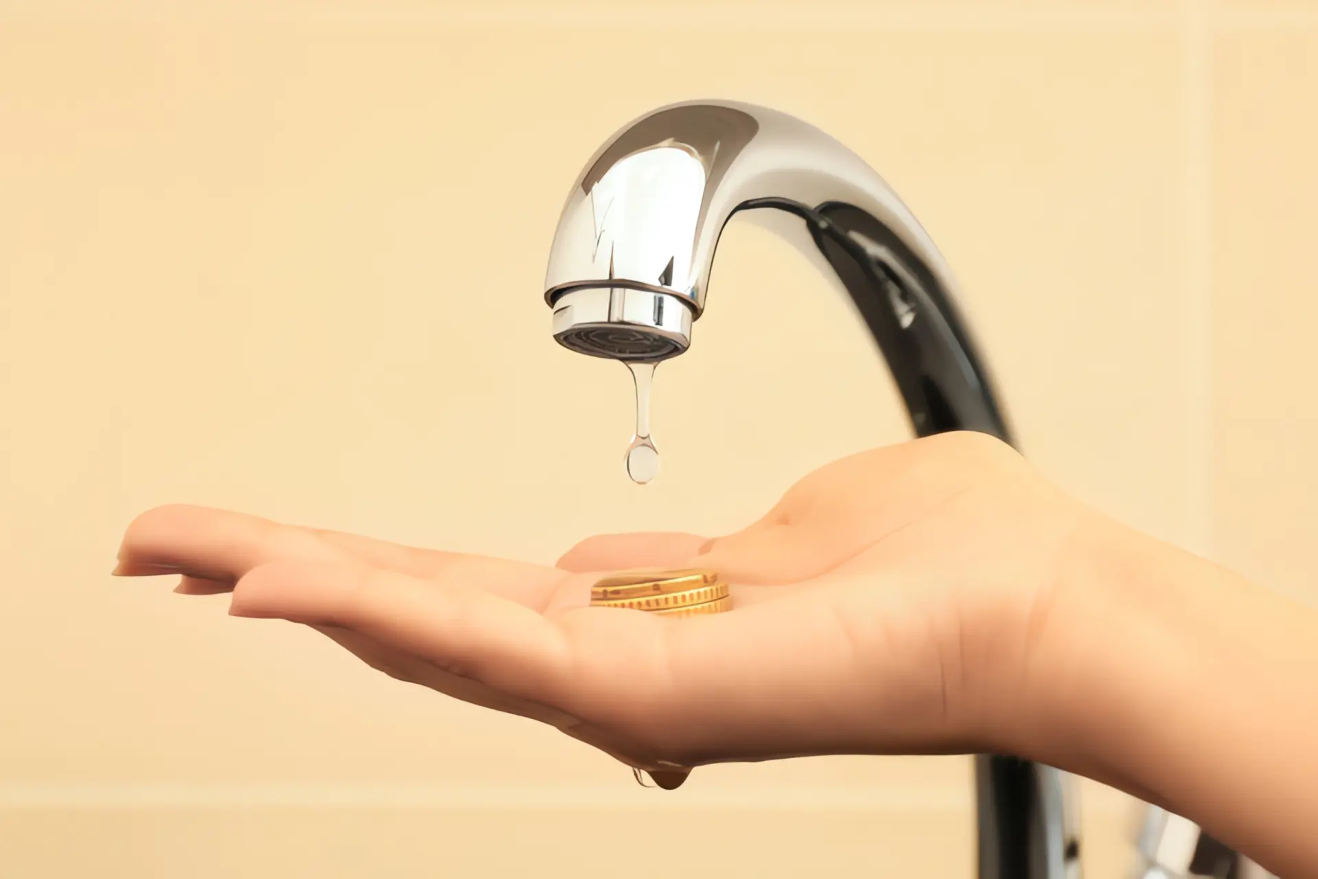 Wasserverbrauch 2 Personen: Wasser tropft aus dem Wasserhahn auf eine Handinnenfläche, in der Münzen liegen.