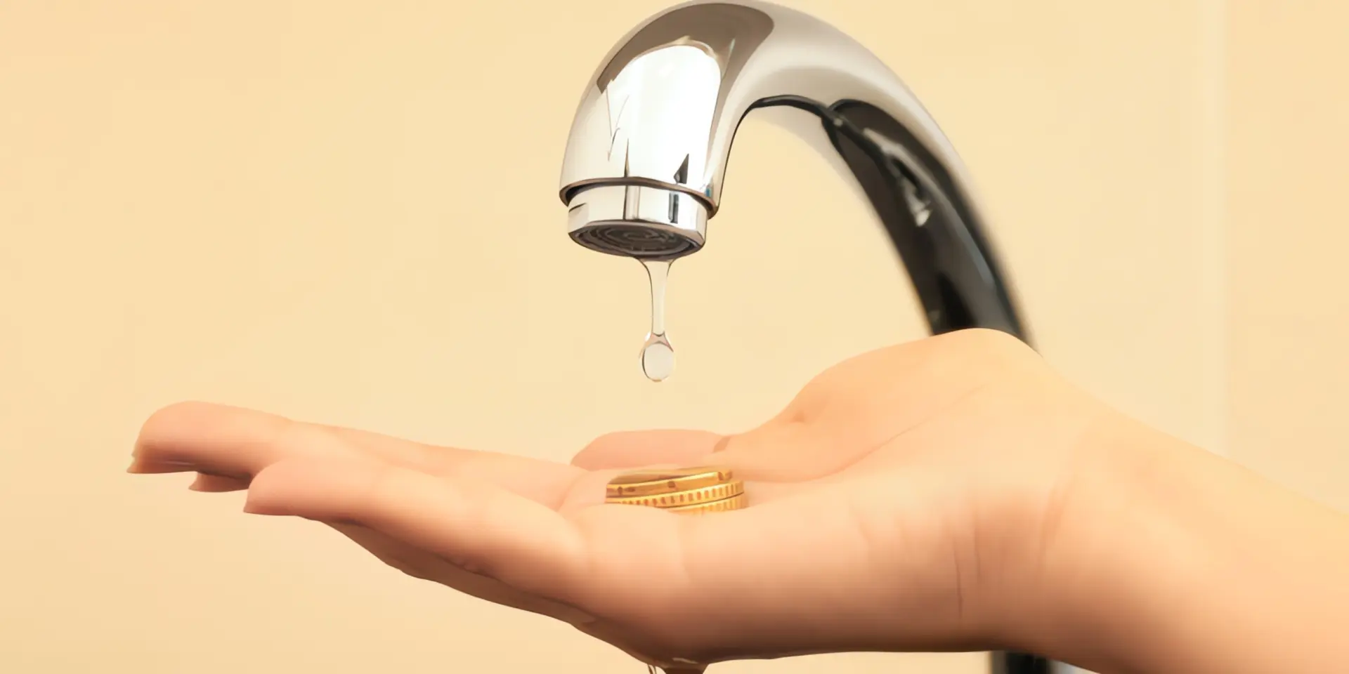 Wasserverbrauch 2 Personen: Wasser tropft aus dem Wasserhahn auf eine Handinnenfläche, in der Münzen liegen.