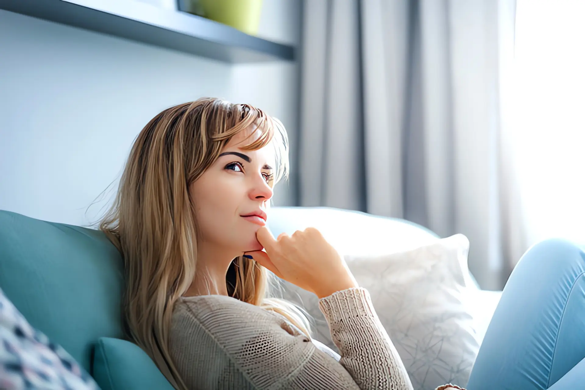 Wie funktioniert eine Heizung? Nachdenkliche Frau sitzt auch Sofa