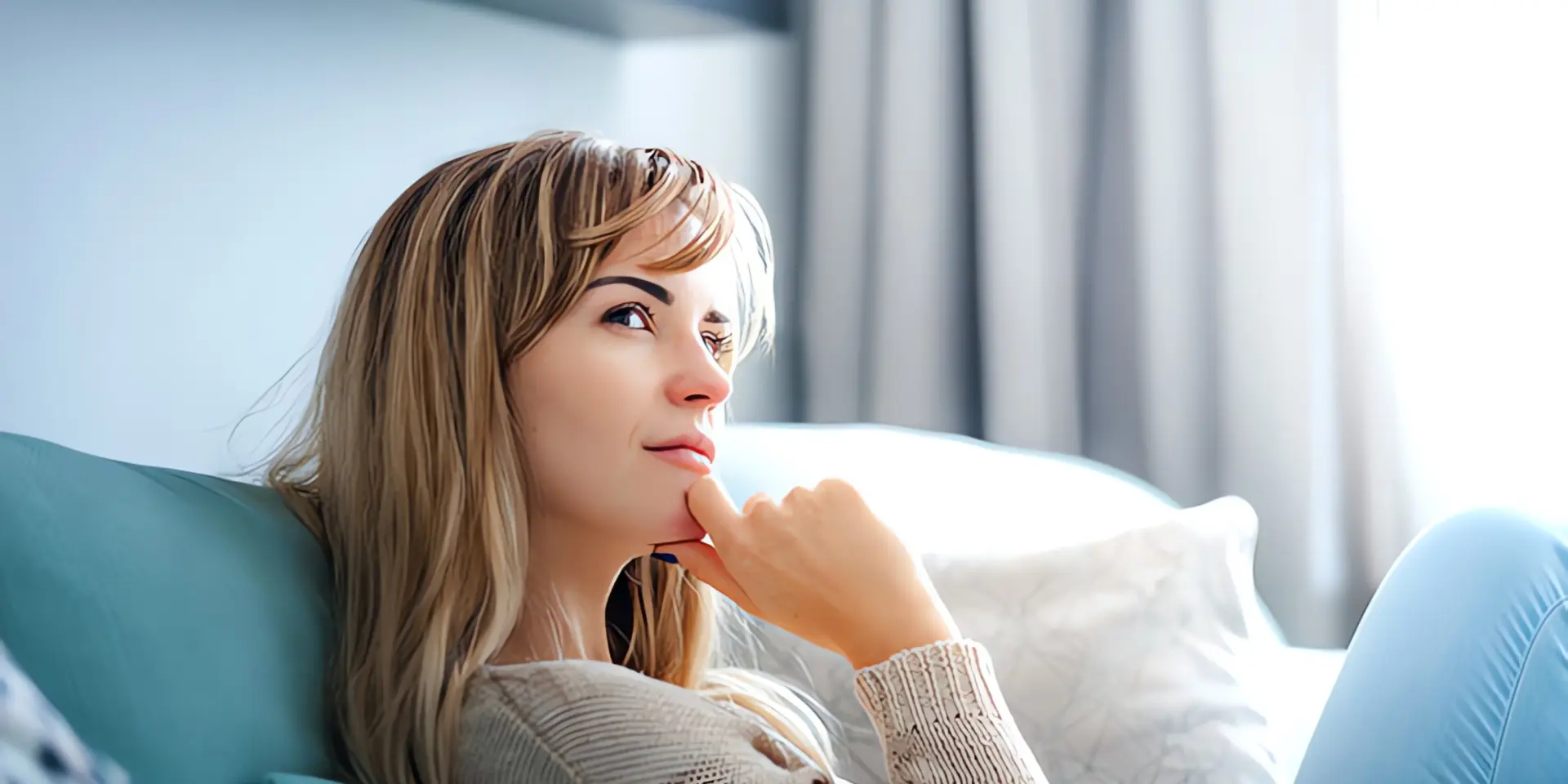 Wie funktioniert eine Heizung? Nachdenkliche Frau sitzt auch Sofa
