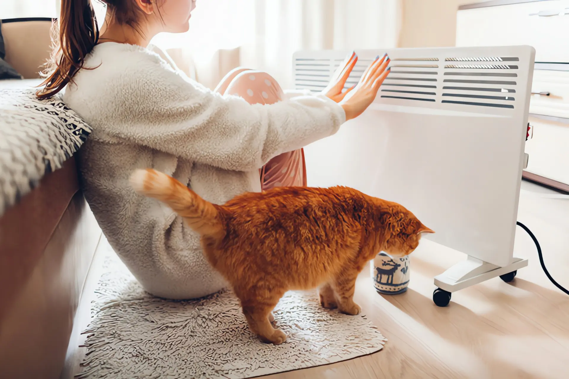 Zusatzheizung: Frau und Katze sitzen vor mobiler Heizung