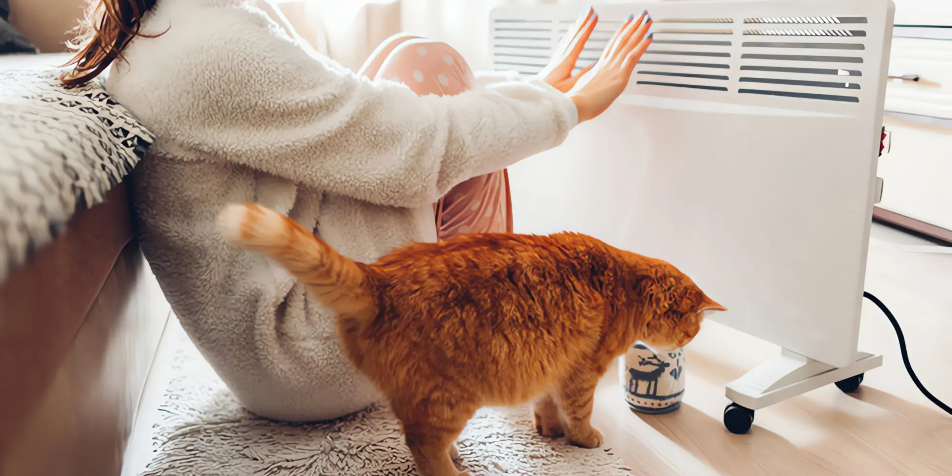 Zusatzheizung: Frau und Katze sitzen vor mobiler Heizung